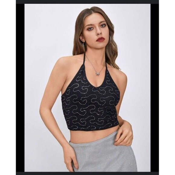 Cider Sequin Cropped Halter Top Women's XL Black Silver Rockerchic Punk Glamgoth - Picture 8 of 13
